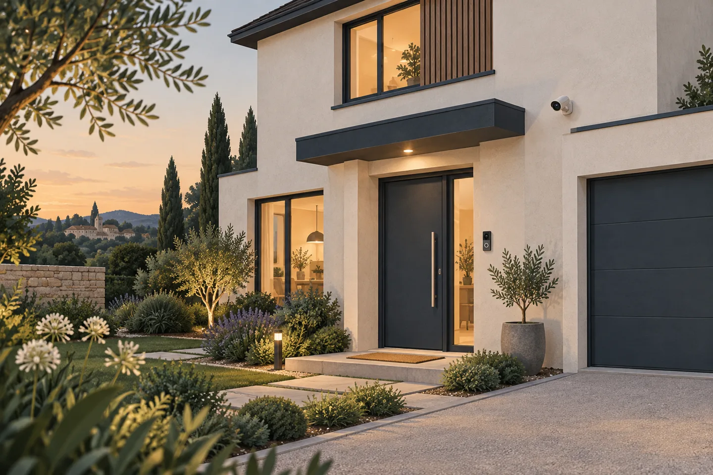 Illustration d’une maison avec caméra extérieure, sonnette vidéo, jardin et garage